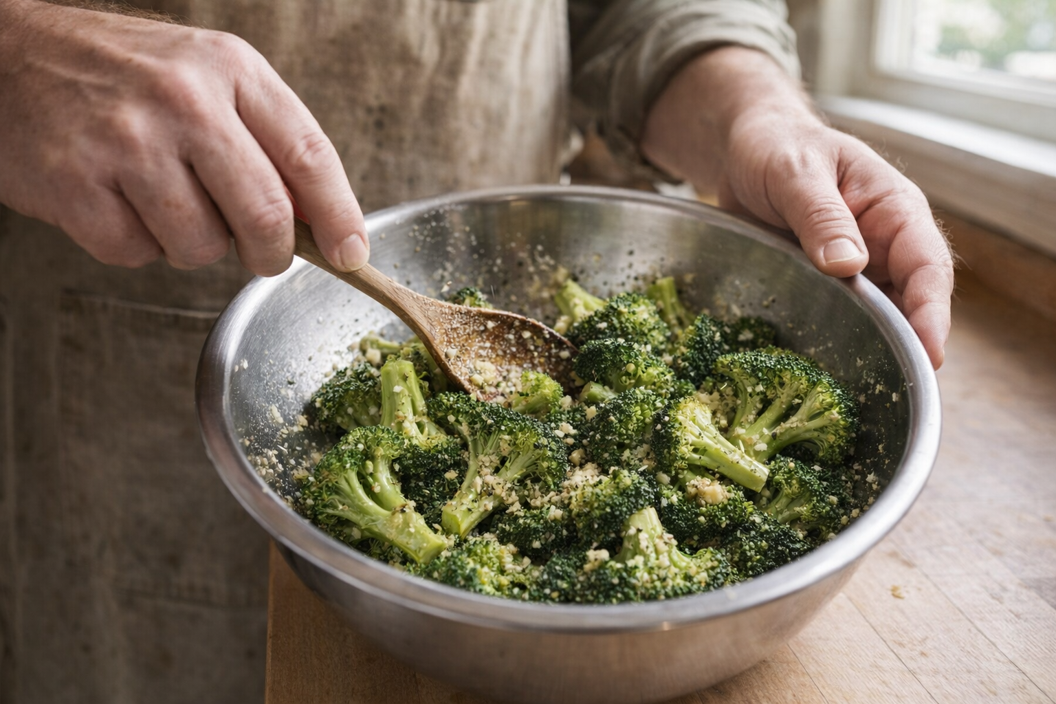 A chef's hands tossing fresh broccoli florets with olive oil, minced garlic, salt, and pepper in a stainless steel bowl, bright kitchen lighting